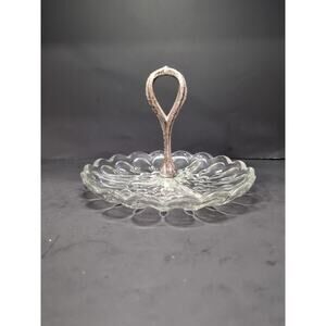 candy dish Anchor Hocking Fairfield Glass Divided  Serving Dish Silver Handle